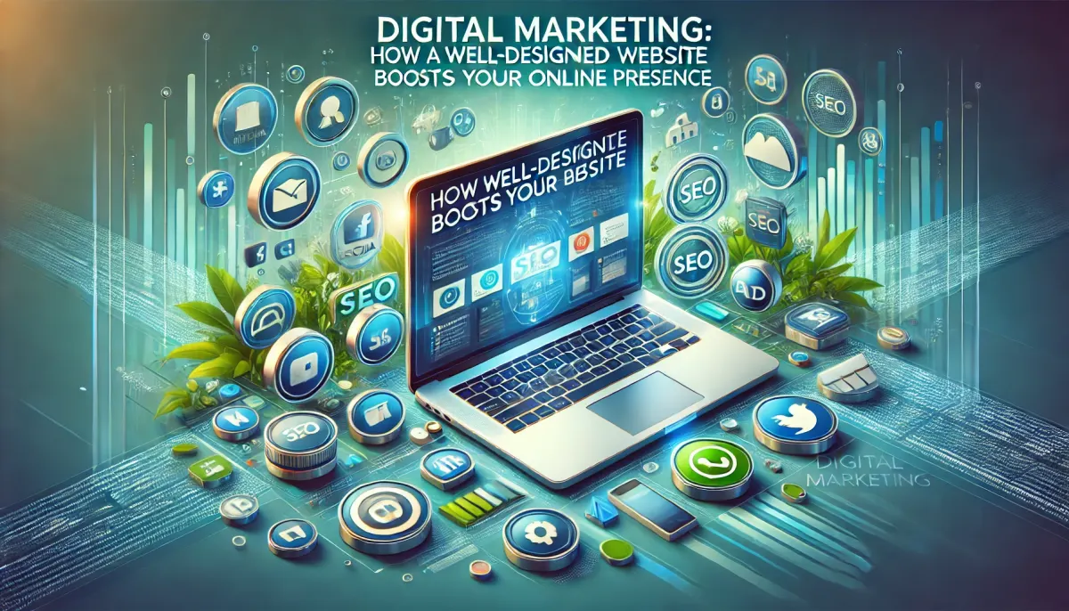 Web bien diseñada rodeada de iconos de redes sociales, SEO y publicidad