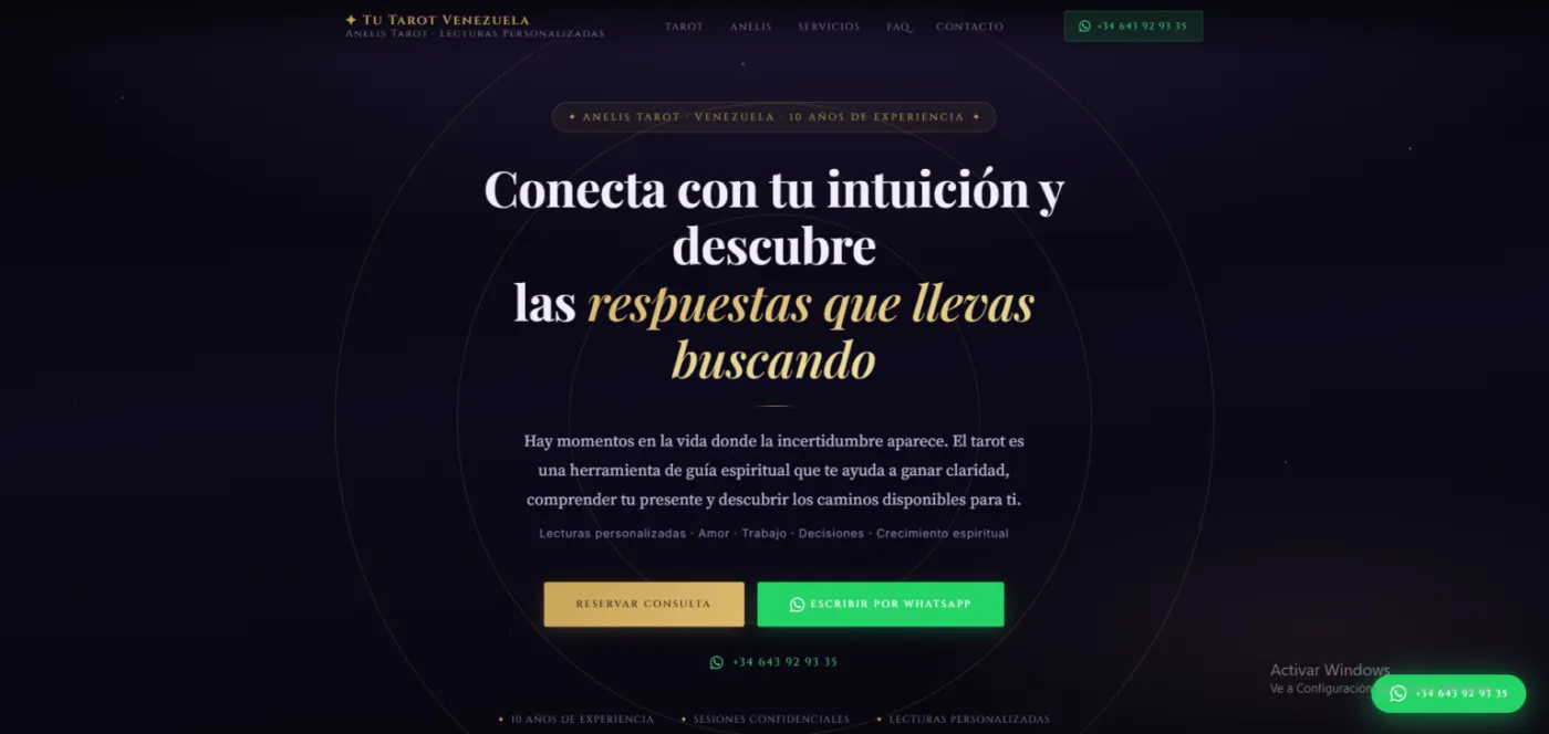Landing page de Tu Tarot Venezuela diseñada por AMarketingDynamics